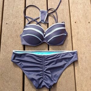 SHADE & SHORE Gray & Turquoise Detailed Boho Bikini Top And Bottom